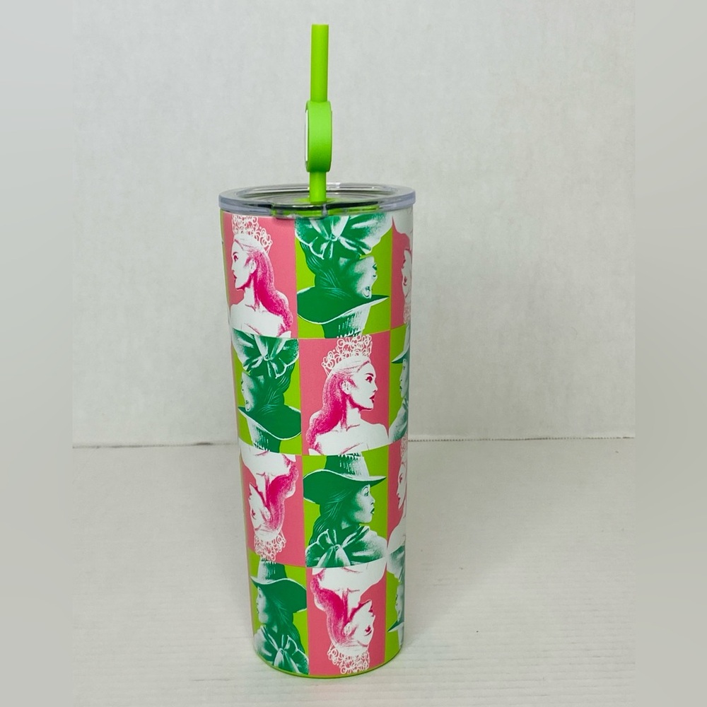 Wicked Dragon X Pink & Green Elphaba & Glinda Metal Tumbler with Straw. NEW 24oz